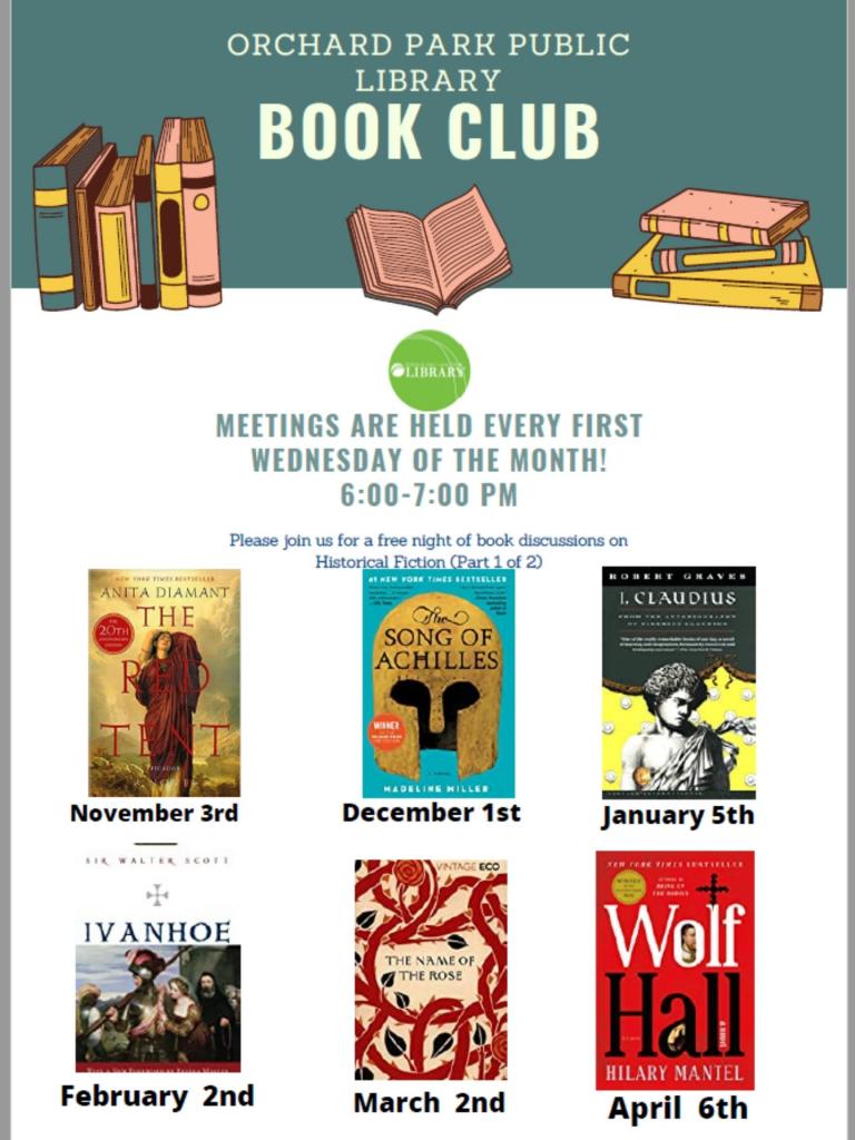 Orchard Park Library Book Club takes place the first Wednesday of each month at 6pm