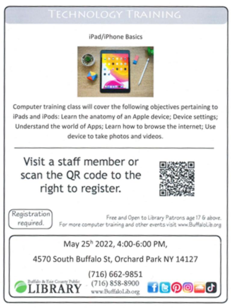 ipad/iphone basics Wednesday May 25th from 4-6pm - call 662-9851 or stop in to sign up.