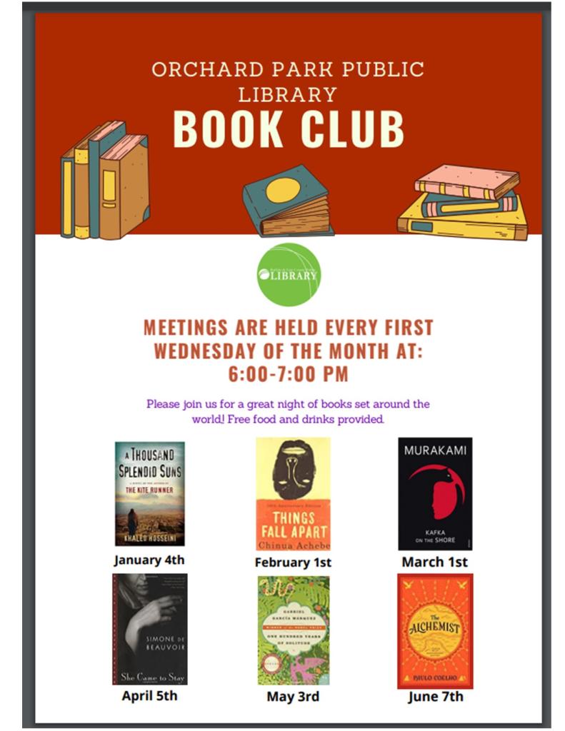 Adult book club. Books vary monthly. Please call 716-662-9851 to sign up. 