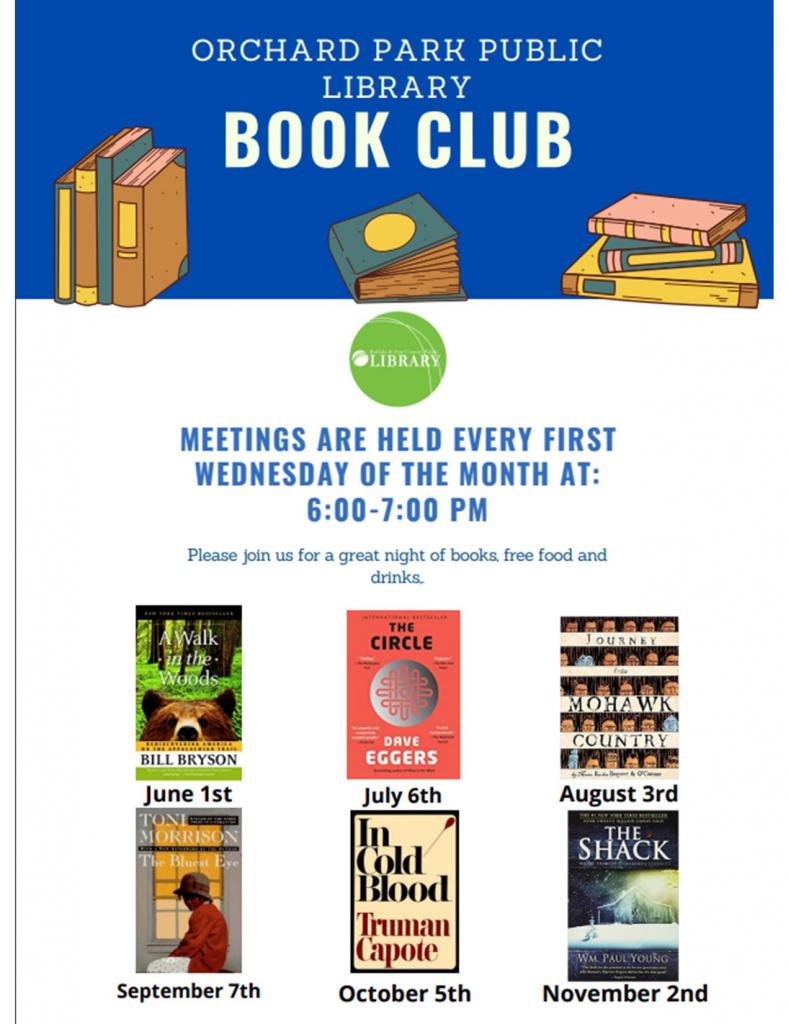 Book Club meetins are held the first wednesday of the month from 6-7pm.  Call 662-9851 to sign up or to find out what the monthly book selections are. Books will be provided upon registration.