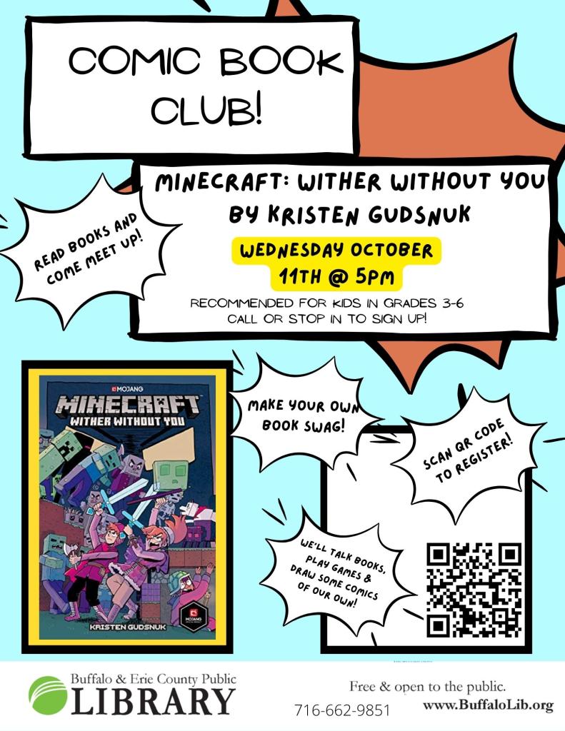 comic book club october 11th at 5pm sign up by calling 716-662-9851