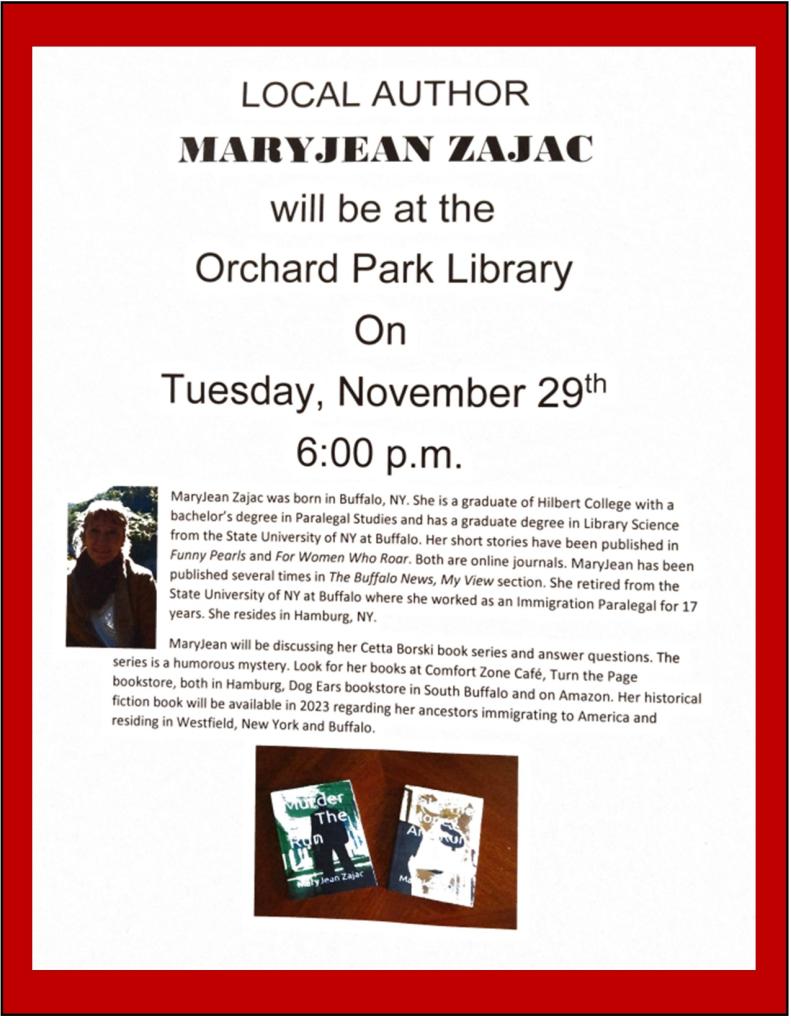 local author, Maryjean Zajac, tuesday november 29th at 6pm no registration required.