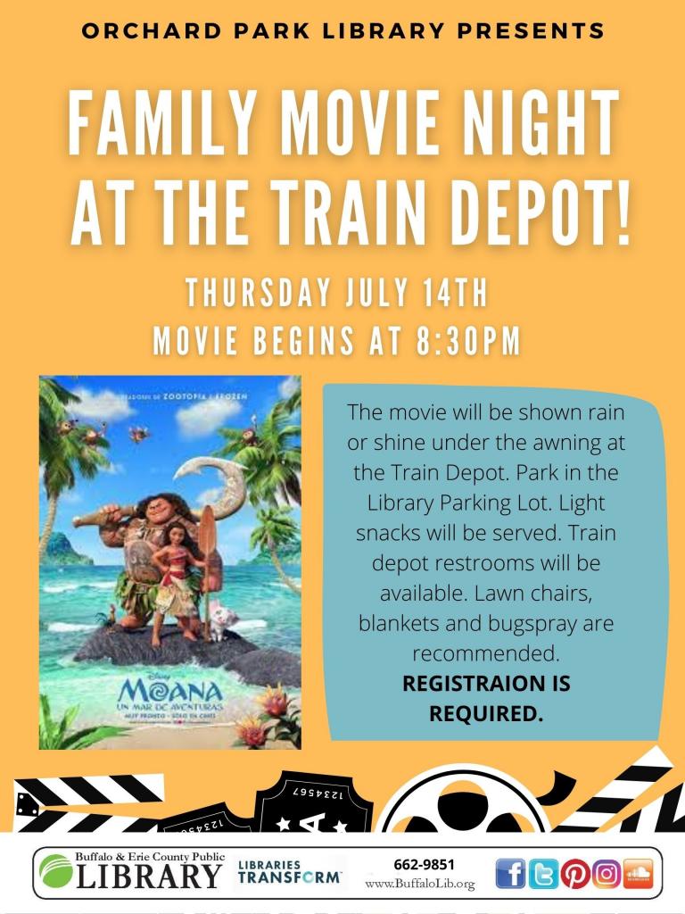 Movie night featuring Moana july 14th call to sign up 