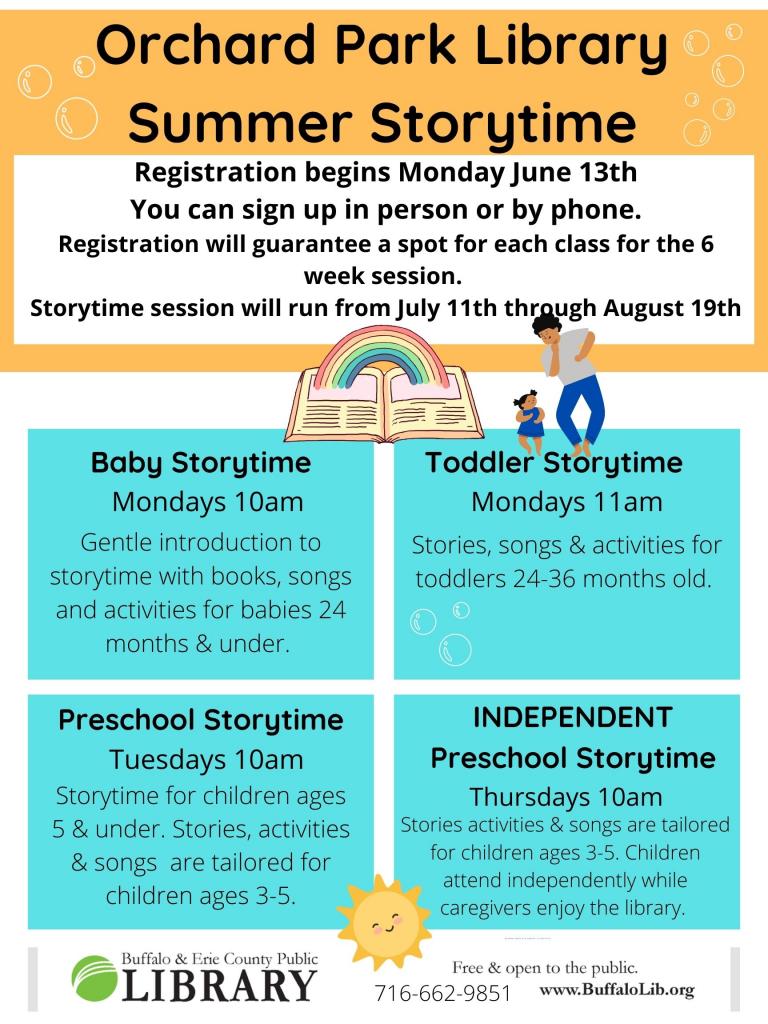 Preschool storytime begins July 11th and runs through August 19th. Registration begins on Monday June 13th, please call or stop in to sign up.