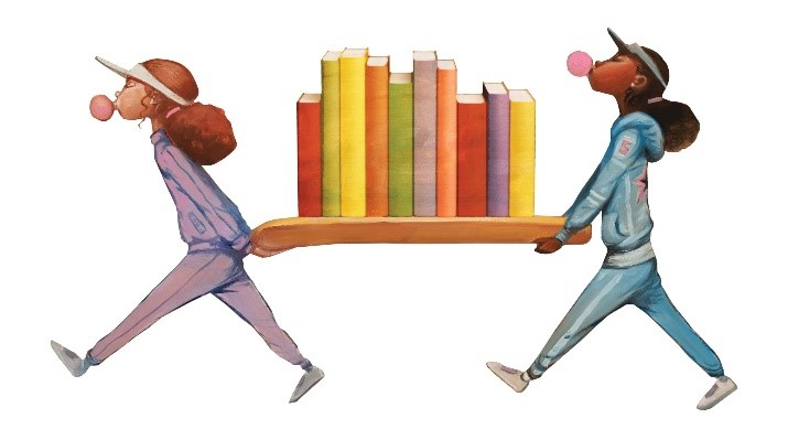 Children carrying books on a board between them blowing bubbles and wearing track suits